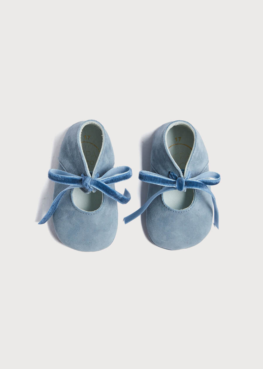 Suede Velvet Ribbon Pram Shoes in Blue (17-21 EU) Shoes from Pepa London