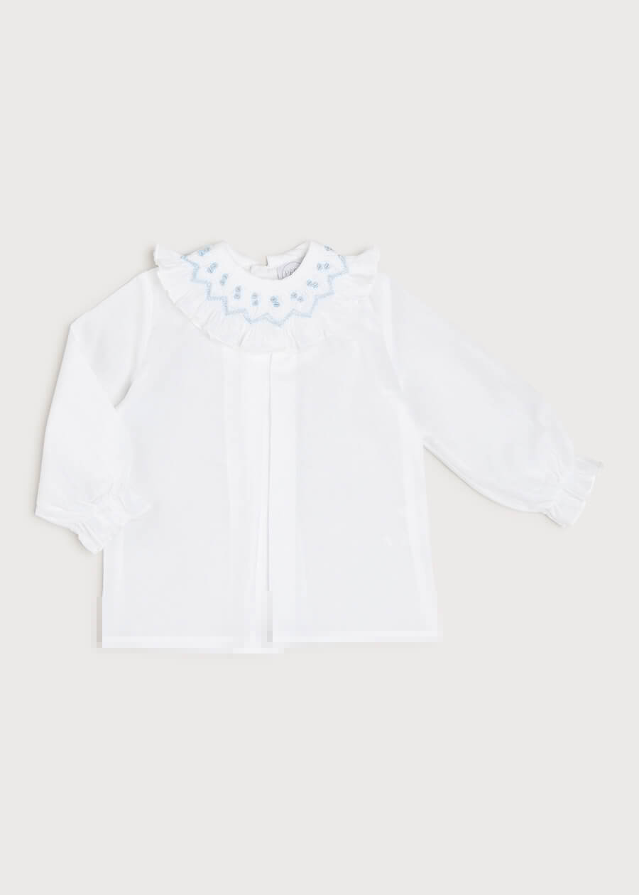 Hand Smocked Collar Long Sleeve Blouse in White (0-12mths) Blouses  from Pepa London