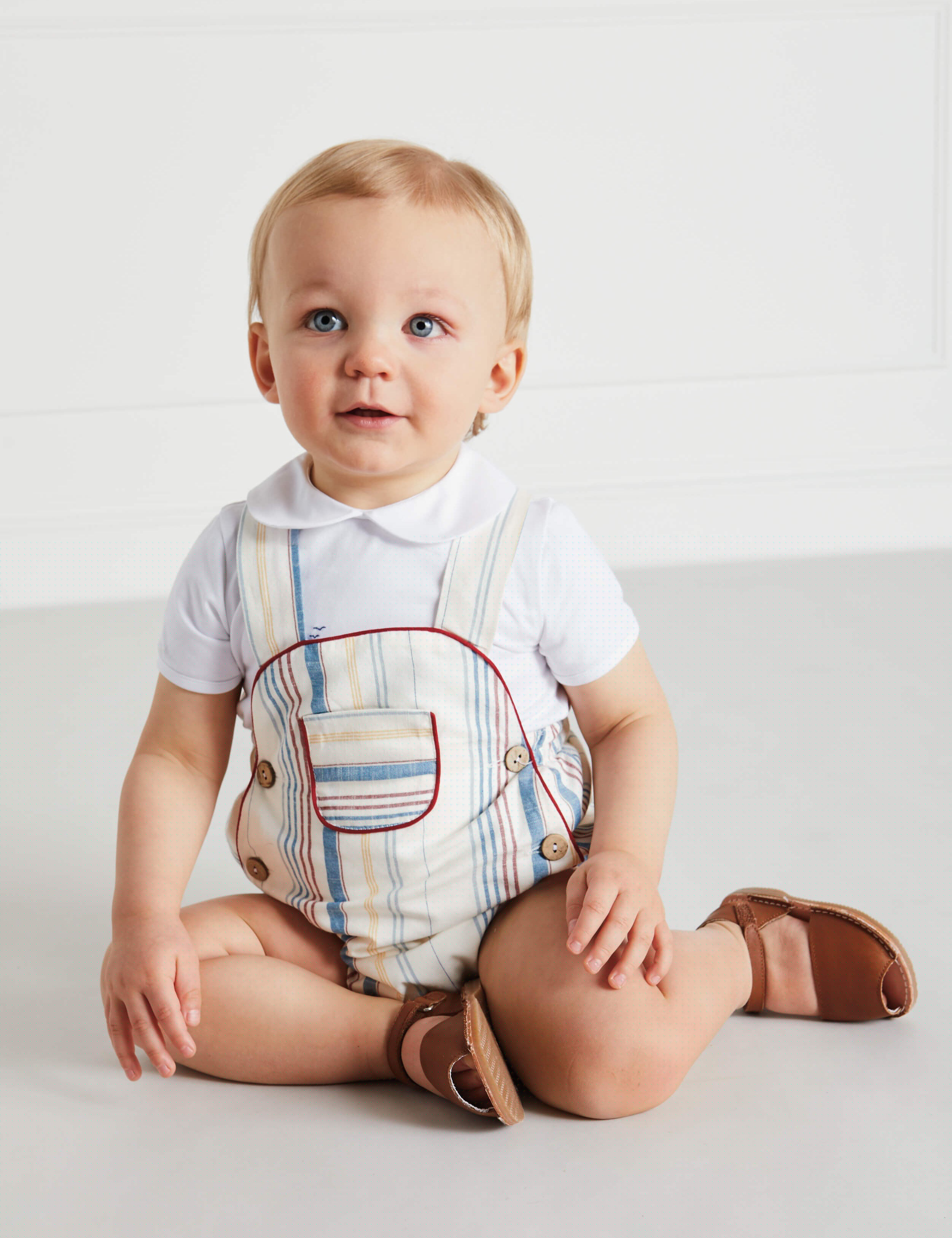 Thin Stripe Front Pocket Dungaree Romper in Red (3-18mths) Shorts  from Pepa London