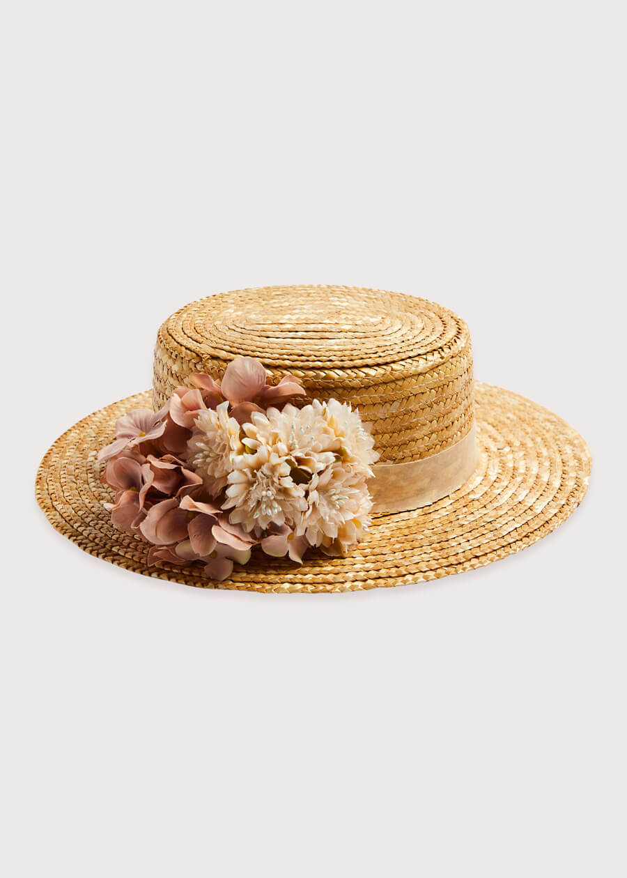 Faux Flower Straw Boater Hat in Pink Accessories  from Pepa London