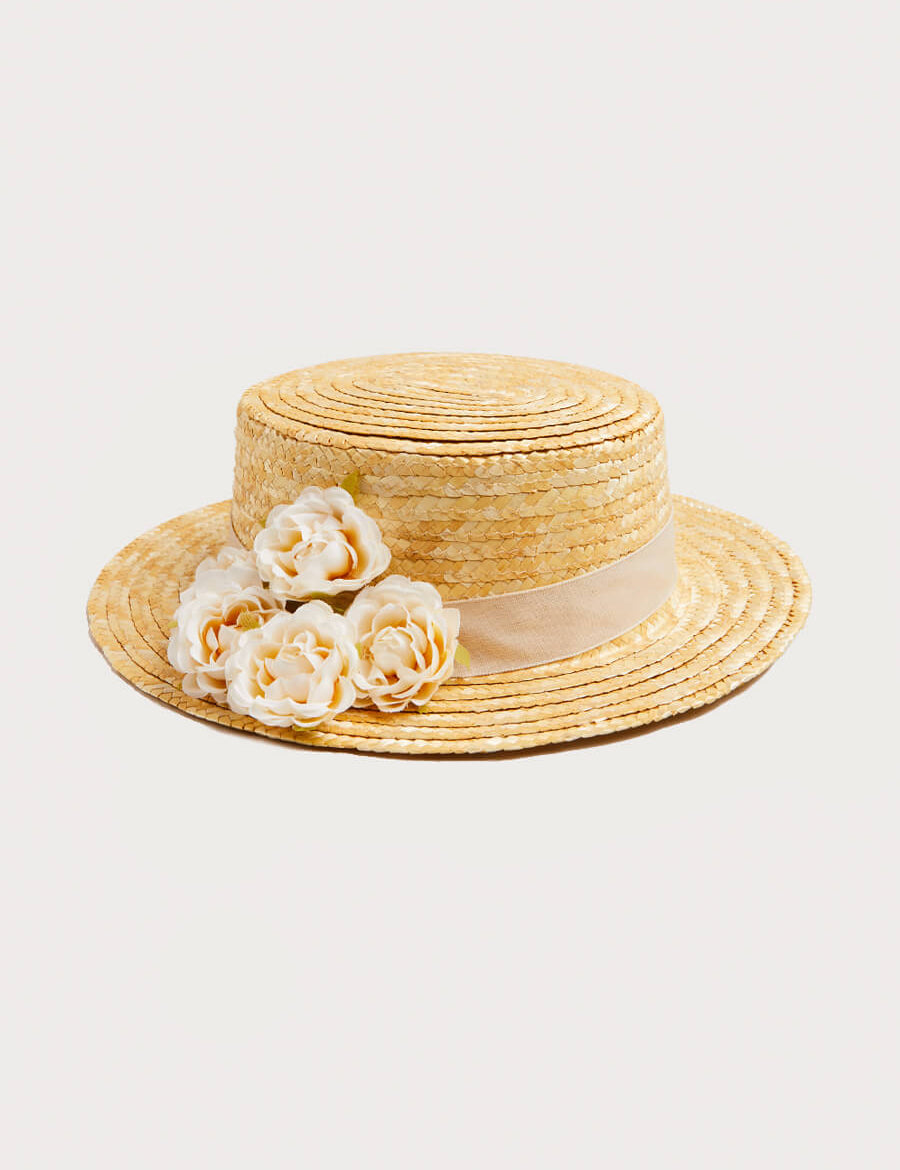 Faux Flower Straw Boater Hat With Ivory Flower (S-M) Hair Accessories  from Pepa London