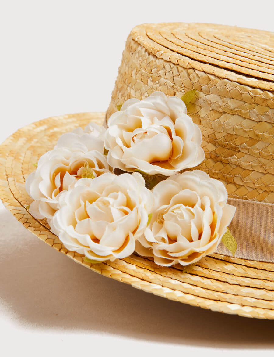Faux Flower Straw Boater Hat With Ivory Flower (S-M) Hair Accessories  from Pepa London