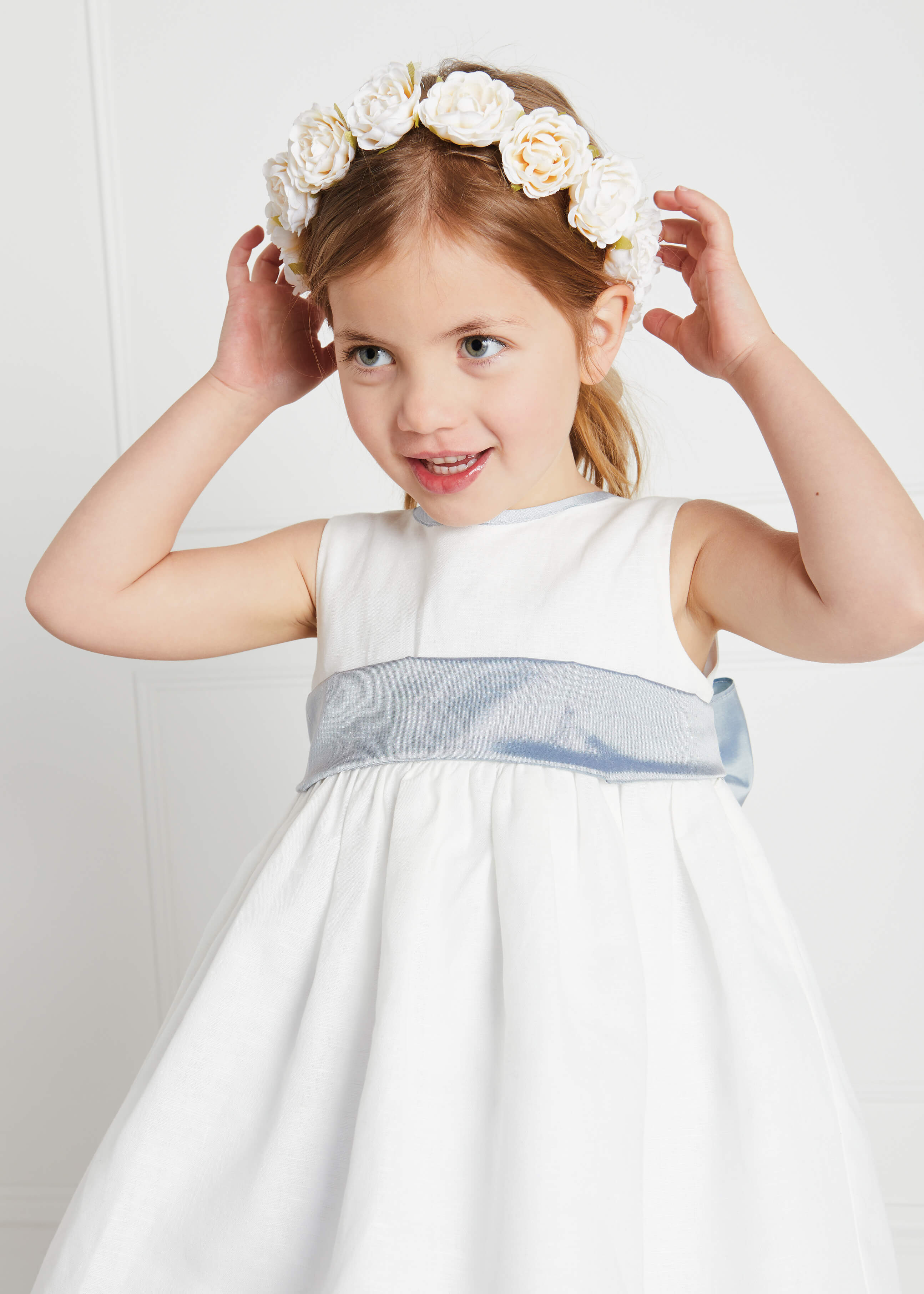 Sleeveless Ivory Flower Girl Dress with Blue Silk Sash (6mths-10yrs) Dresses from Pepa London