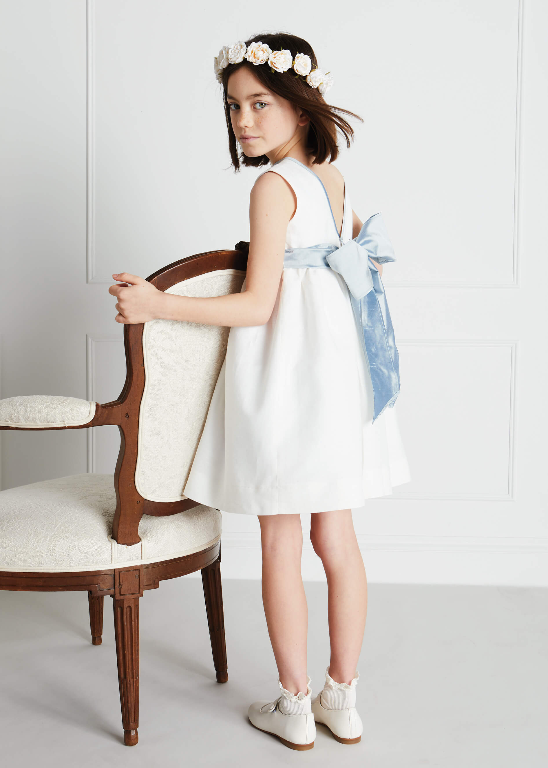 Sleeveless Ivory Flower Girl Dress with Blue Silk Sash (6mths-10yrs) Dresses from Pepa London