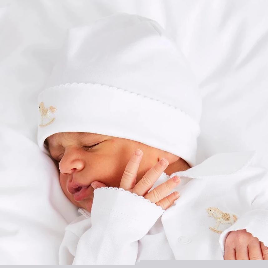 Newborn Bonnet with Rocking Horse Embroidery Beige (0-3mths) Knitted Accessories  from Pepa London