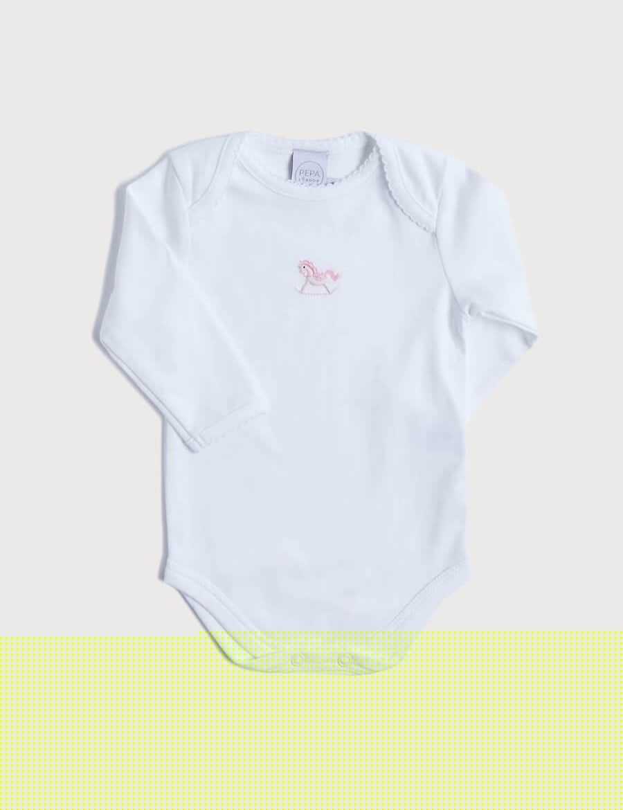 Newborn American Collar Bodysuit With Rocking Horse Embroidery Pink (0-3mths) Tops & Bodysuits  from Pepa London