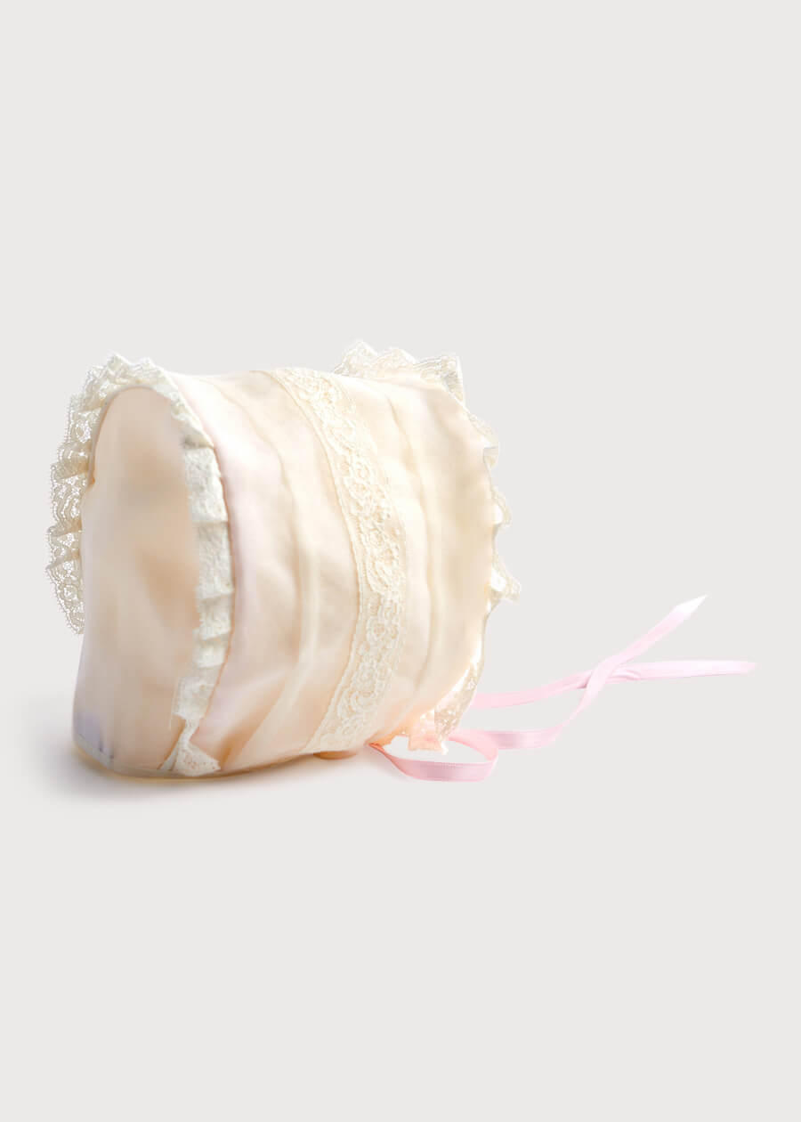 Pink Lace Christening Bonnet with Frill (3mths-2yrs) Accessories  from Pepa London