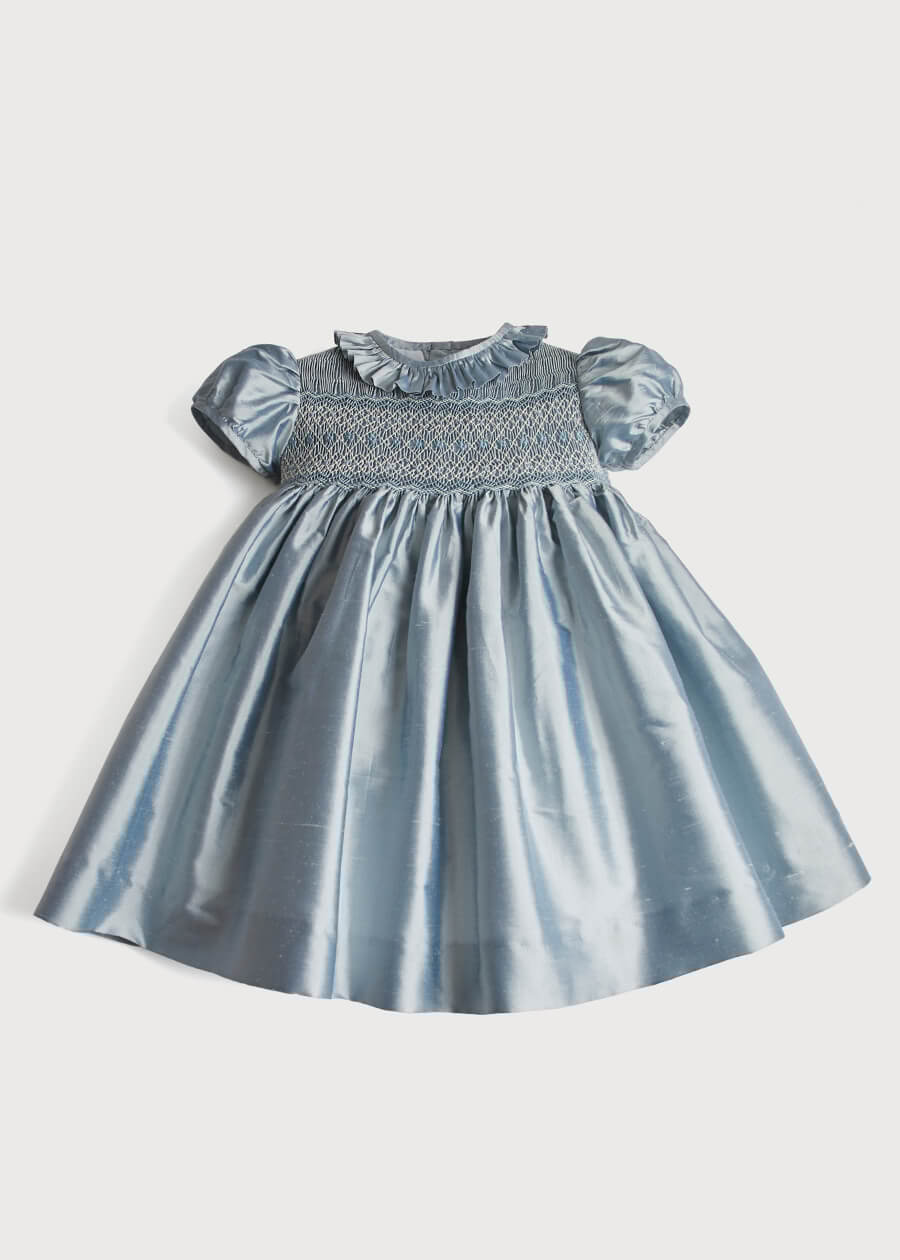 Girls Silk Hand Smocked Celebration Dress in Blue (6mths-10yrs) Dresses from Pepa London