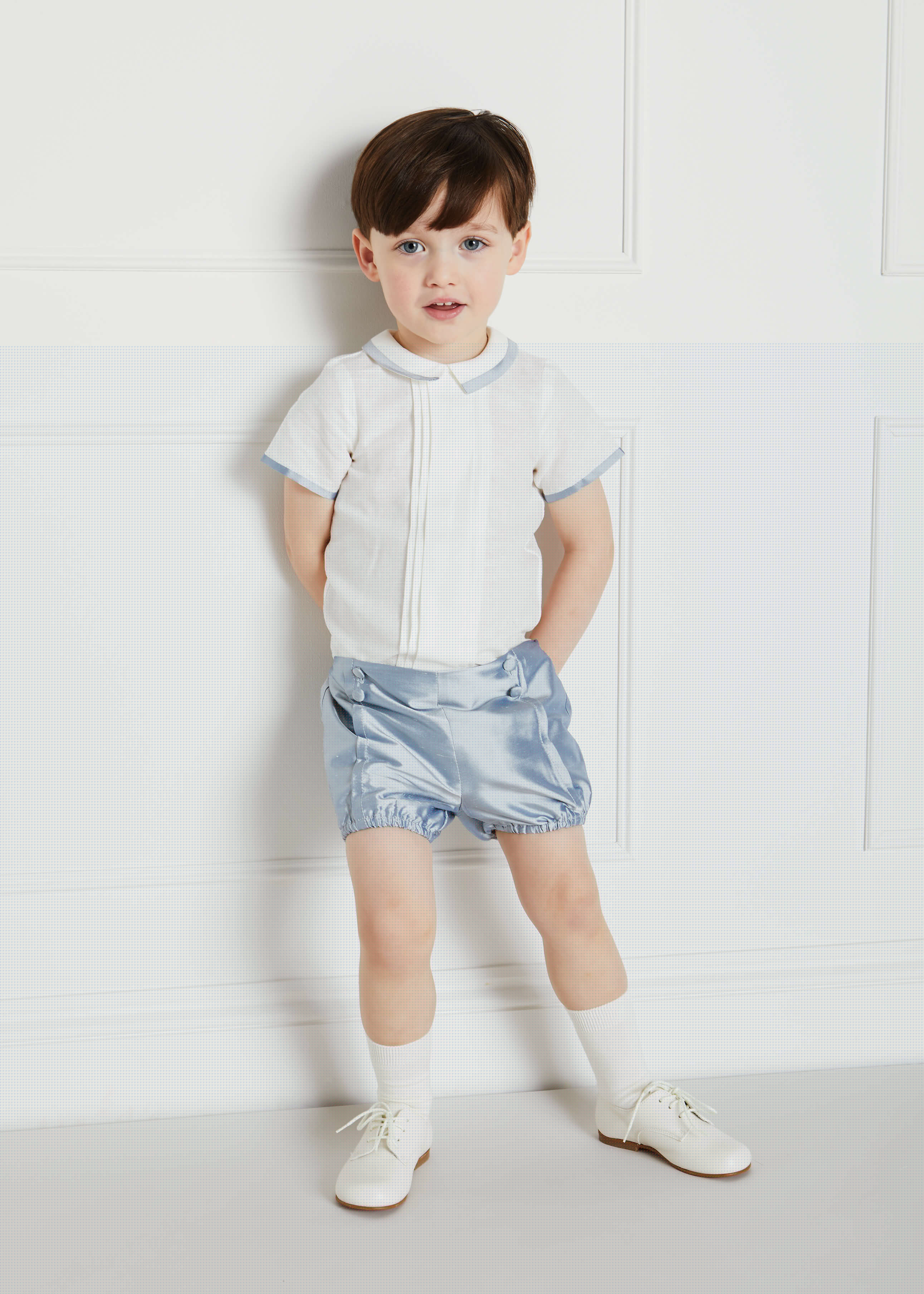 Baby Boy Celebration Blue Silk Bloomers and Linen Shirt Set (12mths-4yrs) Sets from Pepa London